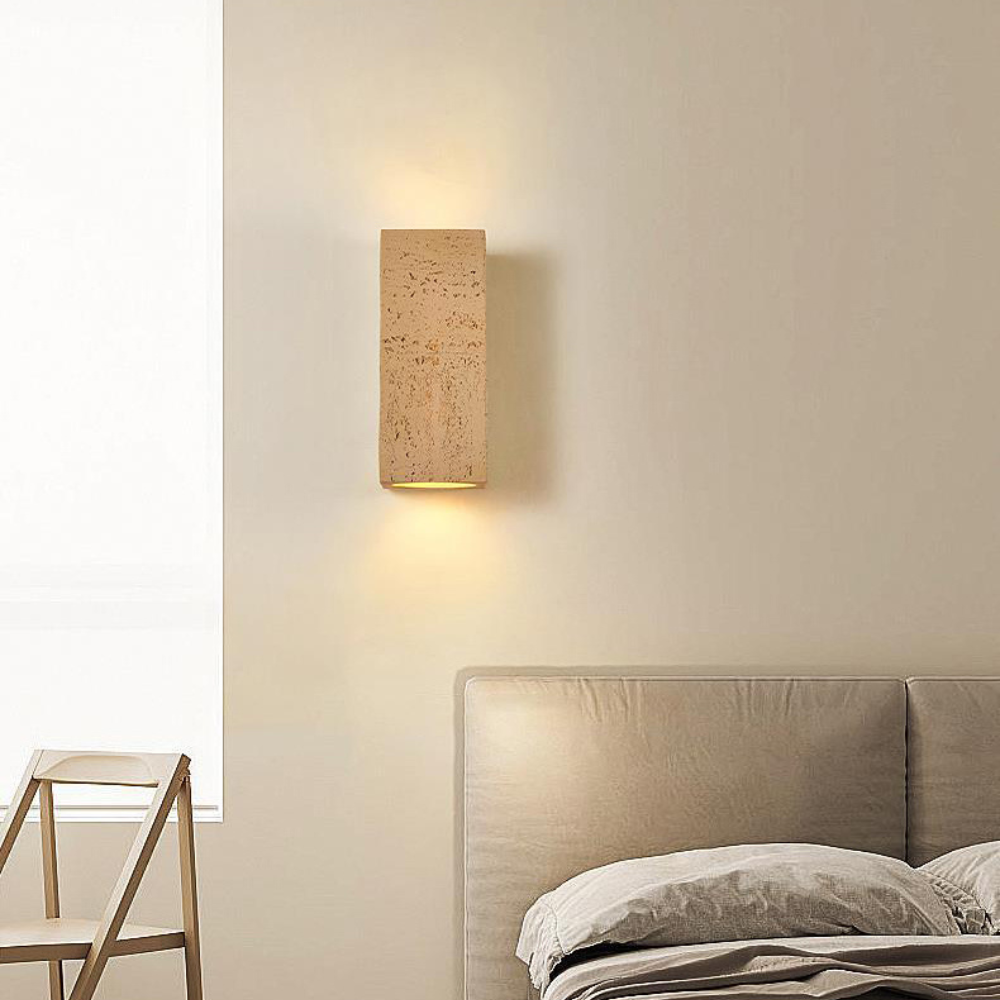 15:24 Japandi Wandlamp Travertijn Look Cement Rechthoek Warm Licht Woonkamer Slaapkamer | Restfield