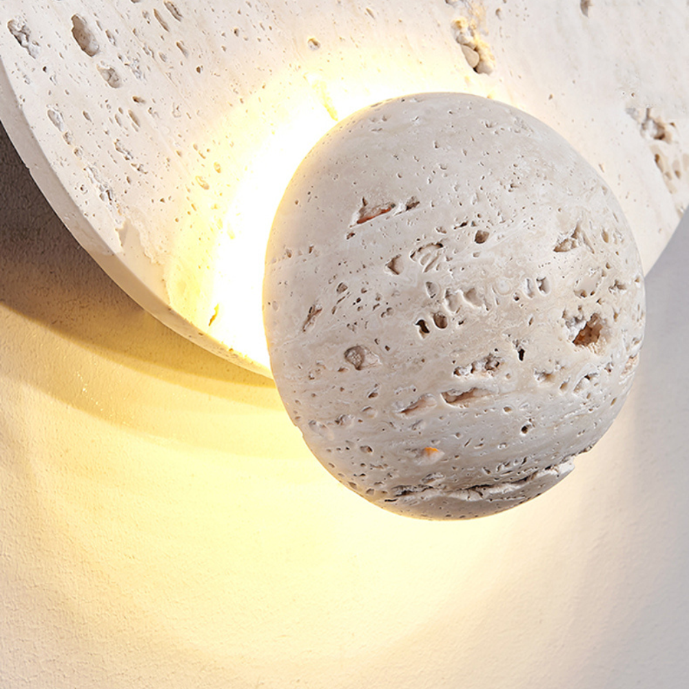 Japandi Wandlamp Travertijn Rond Eclipse Bol Warm Licht Slaapkamer Woonkamer Natuursteen | Restfield