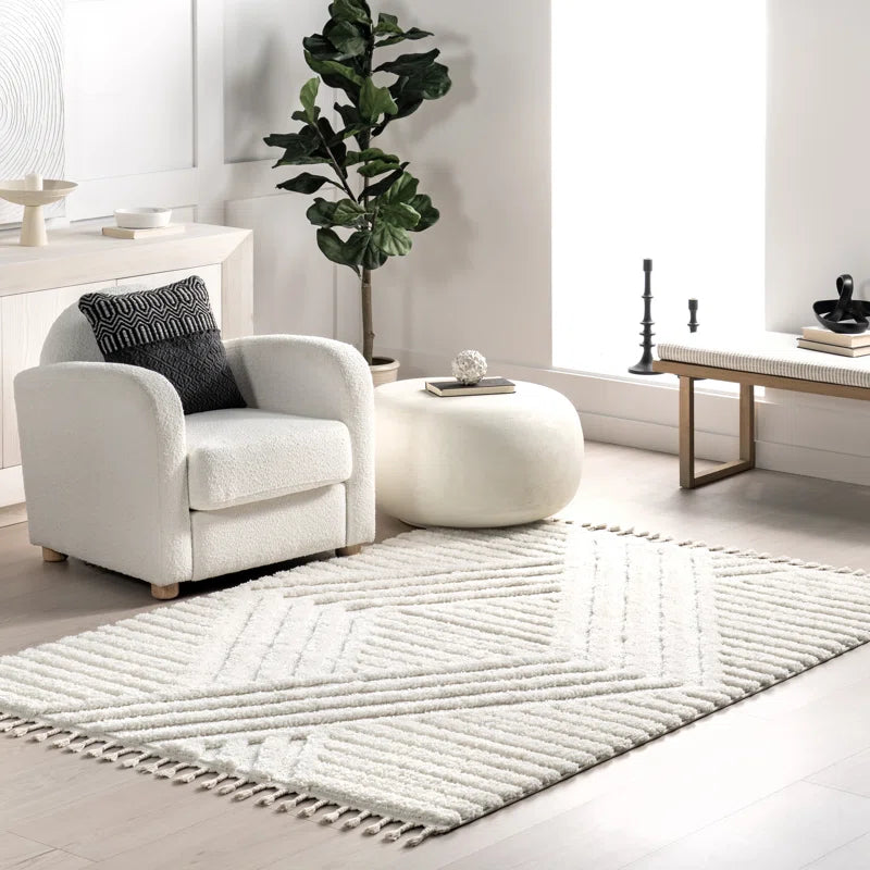Japandi Teppich Hochflor Geometrisch Fransen Creme Polypropylen Wohnzimmer Schlafzimmer | Restfield